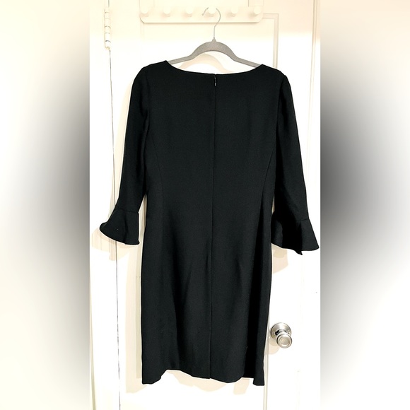 Karl Lagerfeld Black Midi Fitted Dress 3/4 Sleeve Flounce Boat Neck Size 8 - Picture 2 of 7